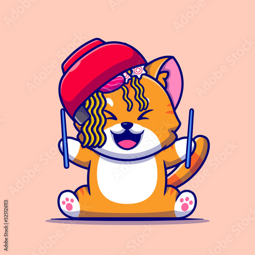 Cute Cat With Ramen Noodle Bowl And Chopstick Cartoon Vector Icon Illustration. Animal Food Icon Concept Isolated Premium Vector. Flat Cartoon Style