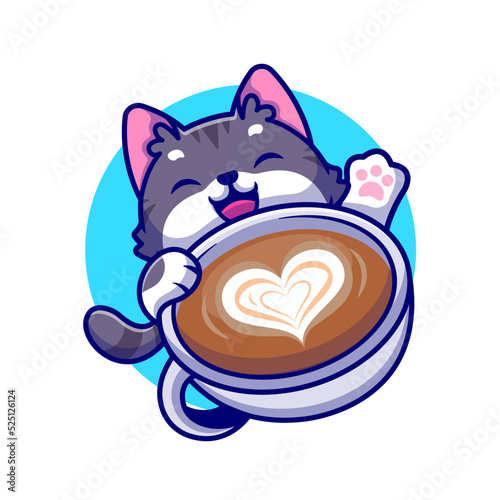 Cute Cat With Coffee Cup Cartoon Vector Icon Illustration. Animal Drink Icon Concept Isolated Premium Vector. Flat Cartoon Style