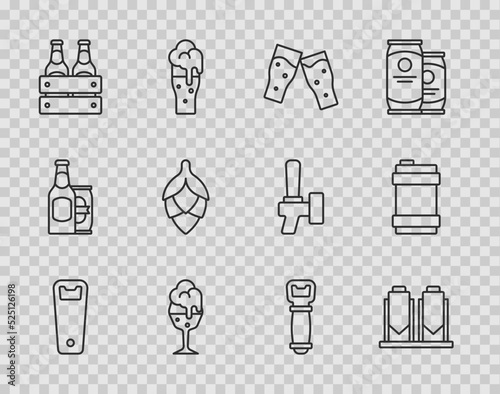 Set line Bottle opener, Beer brewing process, Glass of beer, Pack bottles, Hop, and Metal keg icon. Vector