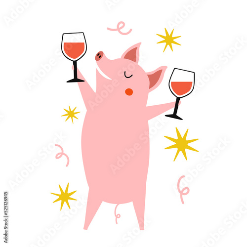 Vector illustration with pink pig and glasses of red wine. Trendy farm animal print design, pork food package sticker emblem template. Party celebration concept art
