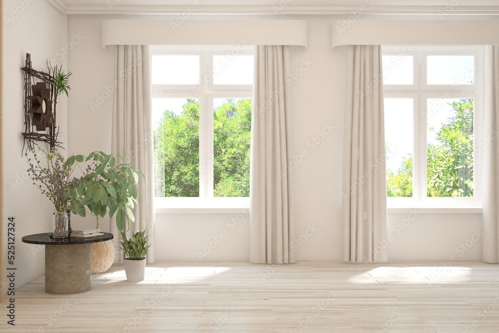 Fototapeta premium White empty room with summer landscape in window. Scandinavian interior design. 3D illustration