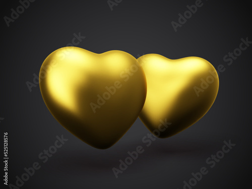 Two 3D glamorous golden heart on black background. Concept of love, marriage or romantic relationships. Happy Valentines or Golden Wedding anniversary greeting card. Vector illustration.