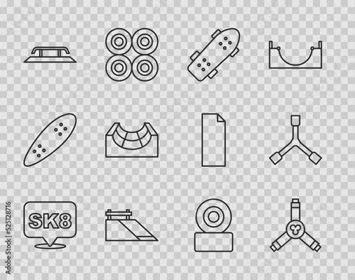 Set line Skateboard, Y-tool, park, stairs with rail, wheel and icon. Vector