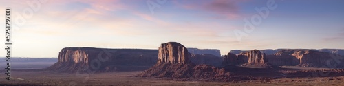 Desert Rocky Mountain American Landscape. Morning Sunny Sunrise Sky Art Render. Oljato-Monument Valley, Utah, United States. Nature Background Panorama