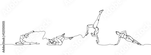 Gymnast, fitness girls, training set one line art. Continuous line drawing sports, pilates, athletics, strength, athlete, woman, gym, stretching, half twine, side plank, bridge, handstand, workout.