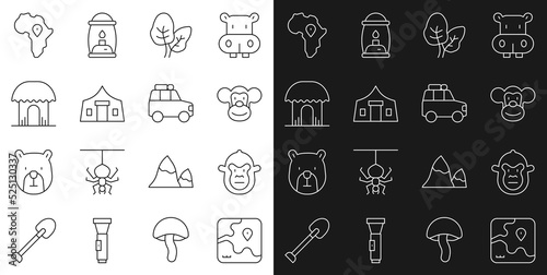 Set line Africa safari map, Monkey, Tropical leaves, Tourist tent, African hut, Map of and Car icon. Vector