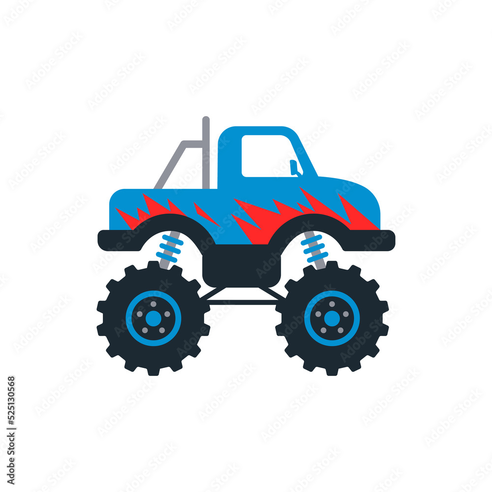 Set of monster trucks. Vector pickup truck with big wheels Cartoon car design ideas for boys.