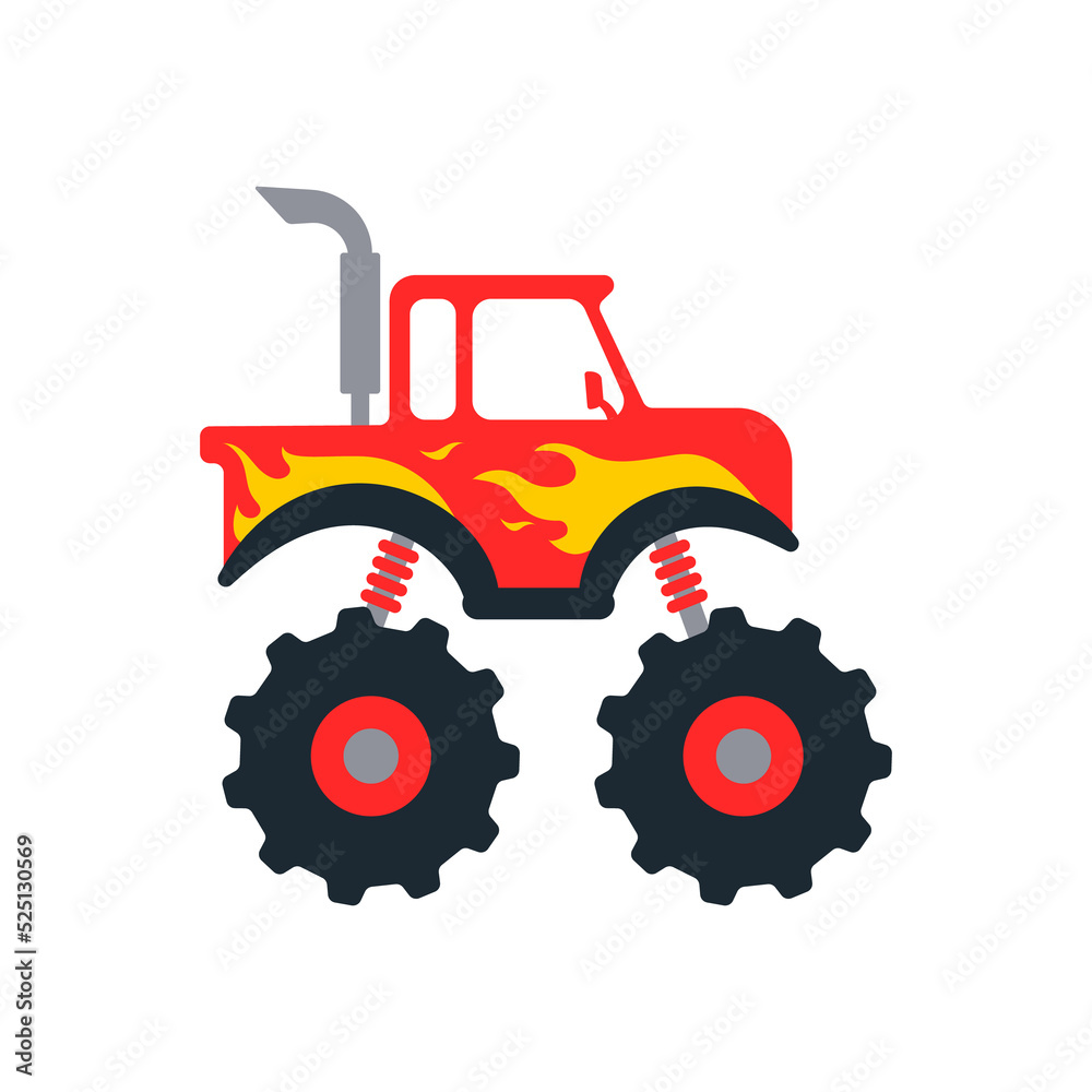 Set of monster trucks. Vector pickup truck with big wheels Cartoon car design ideas for boys. Set of monster trucks. Vector pickup truck with big wheels Cartoon car design ideas for boys.