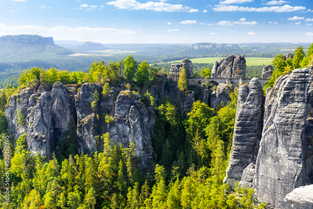 Panorama view of the Bastei. The Bastei is a famous rock formation in Saxon Switzerland National Park, near Dresden, Germany