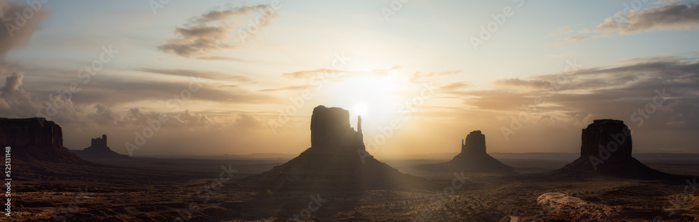 Desert Rocky Mountain American Landscape. Morning Dramatic Sunrise Sky Art Render. Oljato-Monument Valley, Utah, United States. Nature Background Panorama