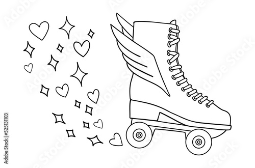 Illustration of a sticker from the 1970s set. Roller skate with wings. Bright memorable design. Universal use.