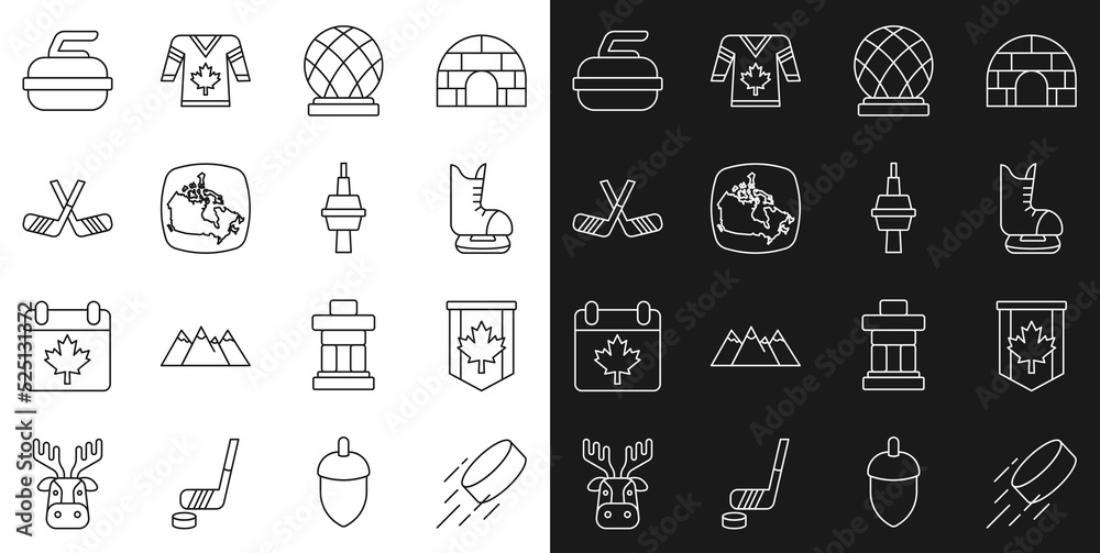 Set line Hockey puck, Pennant flag of Canada, Skates, Montreal Biosphere, map, Ice hockey sticks, Stone for curling and TV CN Tower Toronto icon. Vector Set line Hockey puck, Pennant flag of Canada, Skates, Montreal Biosphere, map, Ice hockey sticks, Stone for curling and TV CN Tower Toronto icon. Vector