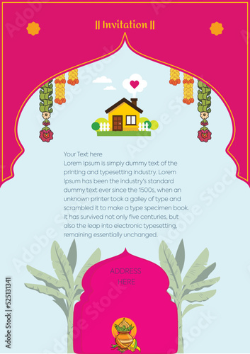 A Invitation card useful for auspicious Indian days, such as House Warming, Puja, Wedding, Engagement, Spiritual activity etc. 