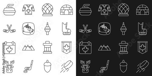 Set line Hockey puck, Pennant flag of Canada, Skates, Montreal Biosphere, map, Ice hockey sticks, Stone for curling and TV CN Tower Toronto icon. Vector
