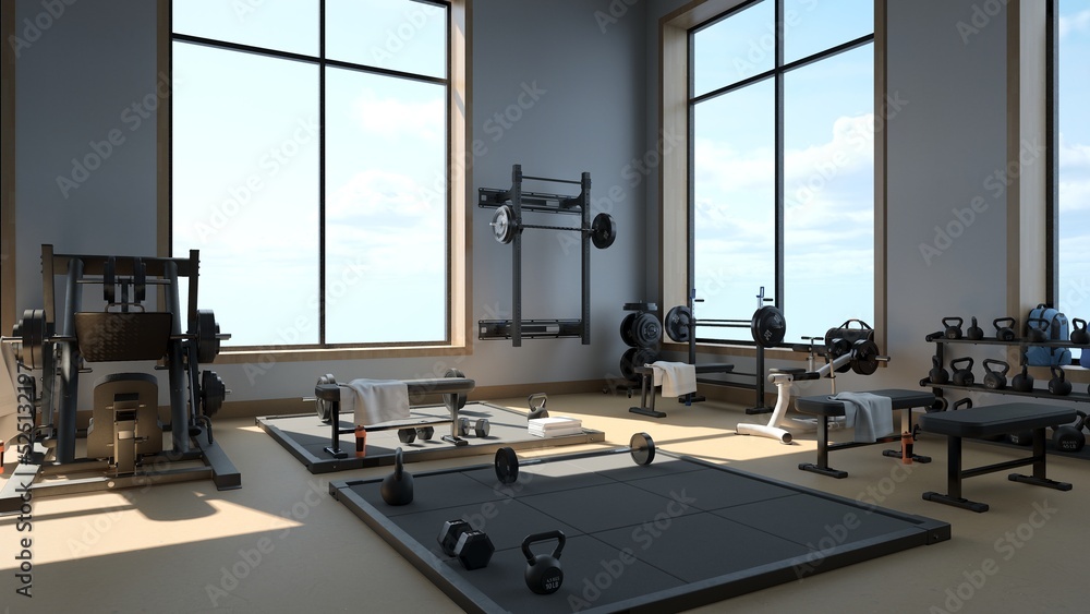 Fototapeta premium 3d rendering Modern light gym. Sports equipment in gym. Barbells of different weight on rack.