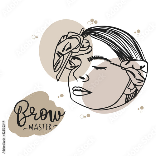 Eyebrow master, handwritten lettering, microblading, cosmetic procedure process concept and accessories