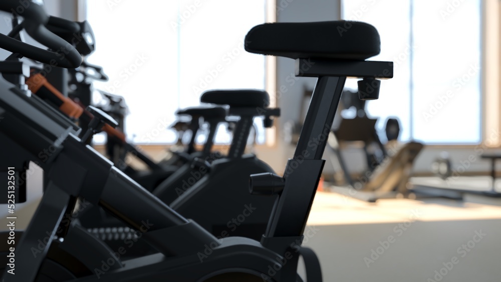 Obraz premium 3d rendering Modern light gym. Sports equipment in gym. Barbells of different weight on rack.