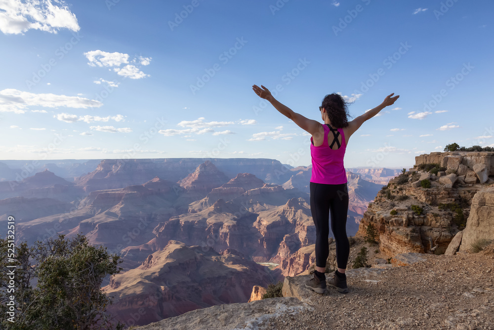 Adventurous Traveler standing on Desert Rocky Mountain American Landscape. Cloudy Sunny Sky. Grand Canyon National Park, Arizona, United States. Adventure Travel Adventurous Traveler standing on Desert Rocky Mountain American Landscape. Cloudy Sunny Sky. Grand Canyon National Park, Arizona, United States. Adventure Travel