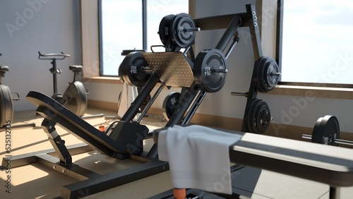3d rendering Modern light gym. Sports equipment in gym. Barbells of different weight on rack.
