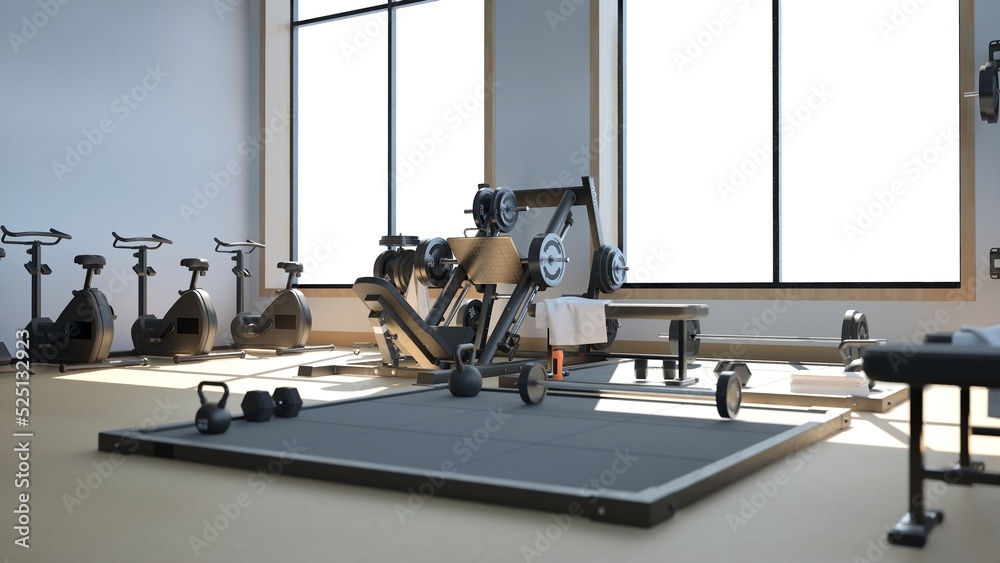 Fototapeta premium 3d rendering Modern light gym. Sports equipment in gym. Barbells of different weight on rack.