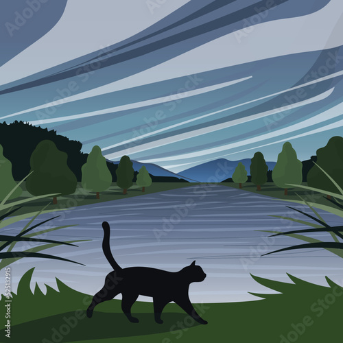 Landscape with cat on grass background. Vector illustration.