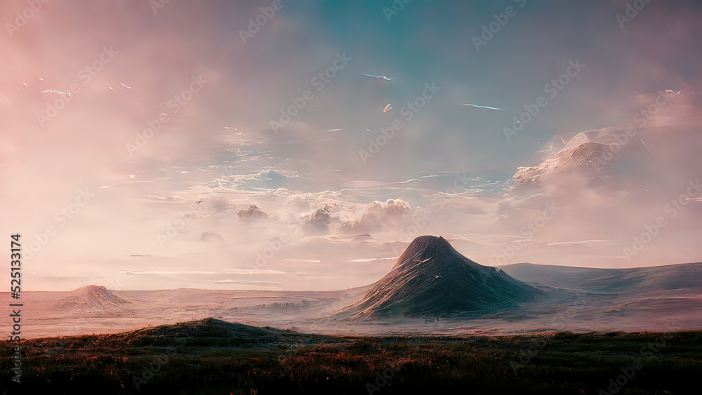 Fototapeta premium Minimal, atmospheric, landscape with a mountain, hill. 4K wallpaper at dusk, dawn. Pink sky over green fields. Calm, relaxing view.