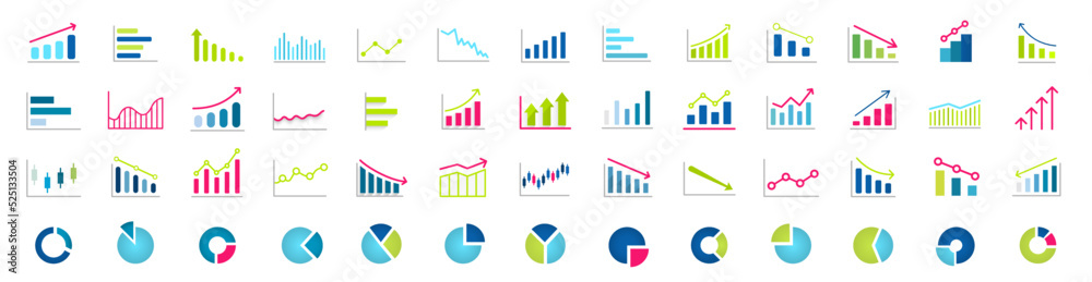 Infographics collection. Diagram icon set. Set of business graph and charts icons. Business data charts. Colorful graphs, diagrams, infographic, analytic report. Statistics. Vector illustration