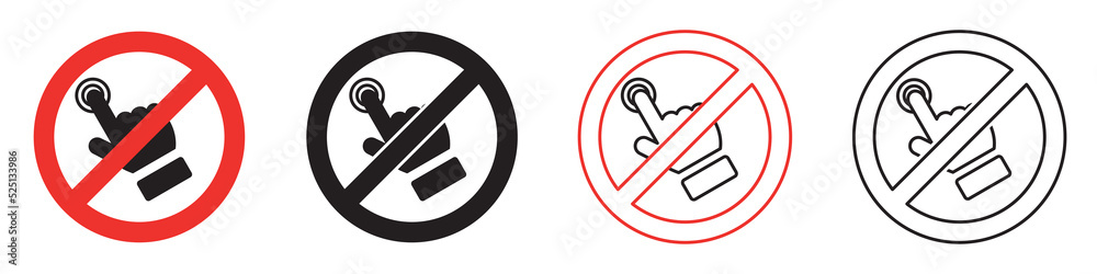 Set of finger touch signs. Red round prohibition sign, no click icon. Forbidden don't touch, no click vector. - obrazy, fototapety, plakaty 