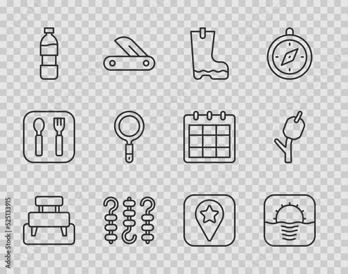 Set line Bench, Sunrise, Waterproof rubber boot, Grilled shish kebab on skewer, Bottle water, Magnifying glass, Location for camping and Marshmallow stick icon. Vector