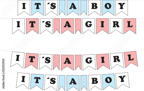 Banderín con anuncio de nacimiento bebe rosa y celeste. Icono vector