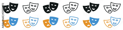 Set of theatrical masks icons. Comedy and tragedy masks, happy and unhappy masks. Masquerade vector icons.