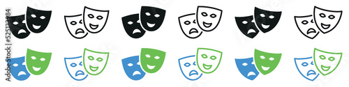 Set of theatrical masks icons. Comedy and tragedy masks, happy and unhappy masks. Masquerade vector icons.