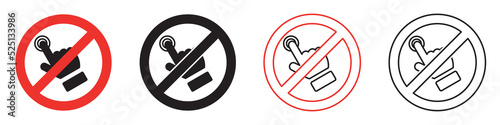 Set of finger touch signs. Red round prohibition sign, no click icon. Forbidden don't touch, no click vector.