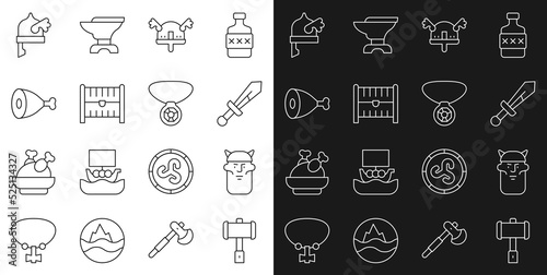 Set line Battle hammer  Viking head  Medieval sword  horned helmet  Antique treasure chest  Chicken leg  and Necklace with gem icon. Vector