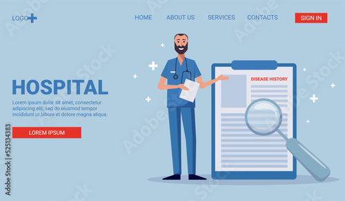template for a landing page with the inscription hospital with buttons and a menu, the doctor stands next to a large tablet with a medical history and a magnifying glass