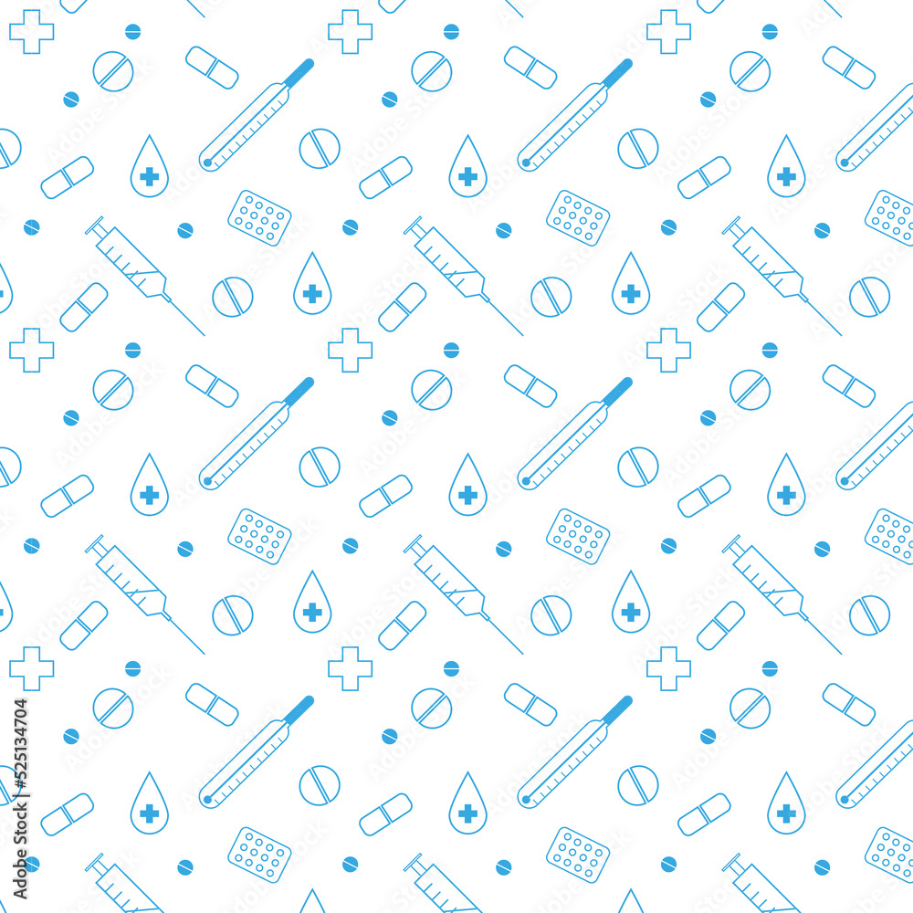 medical pattern with images of thermometer syringe pills cross and drops medical pattern with images of thermometer syringe pills cross and drops