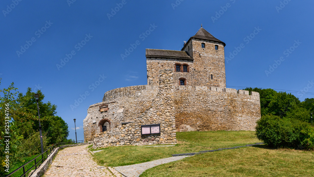 Castle in Bedzin, a castle situated on a slope, is an example of defensive construction from the 14th century. Front view of the castle on a sunny summer day.