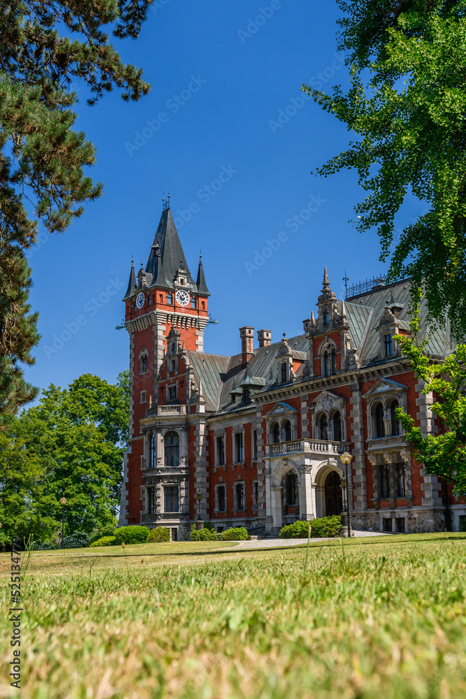 Obraz premium The Palace in Plawniowice, the palace and park complex from the 1980s. A magnificent building made of red brick with numerous decorations, the view on a sunny summer day.