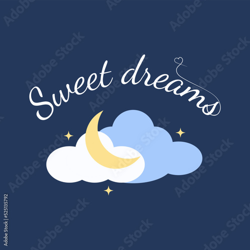 Vector illustration of wish good night on dark blue sky background with moon and stars. Art design for web, site, advertising, banner, poster, flyer, brochure, board, card. Sweet dreams lettering