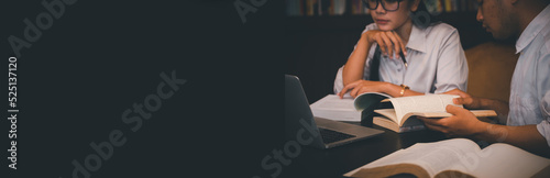 Group of Diversity Student study and reading book together in library at asian college. Happy multi ethnic woman search for knowledge in classroom at university. Education banner concept.