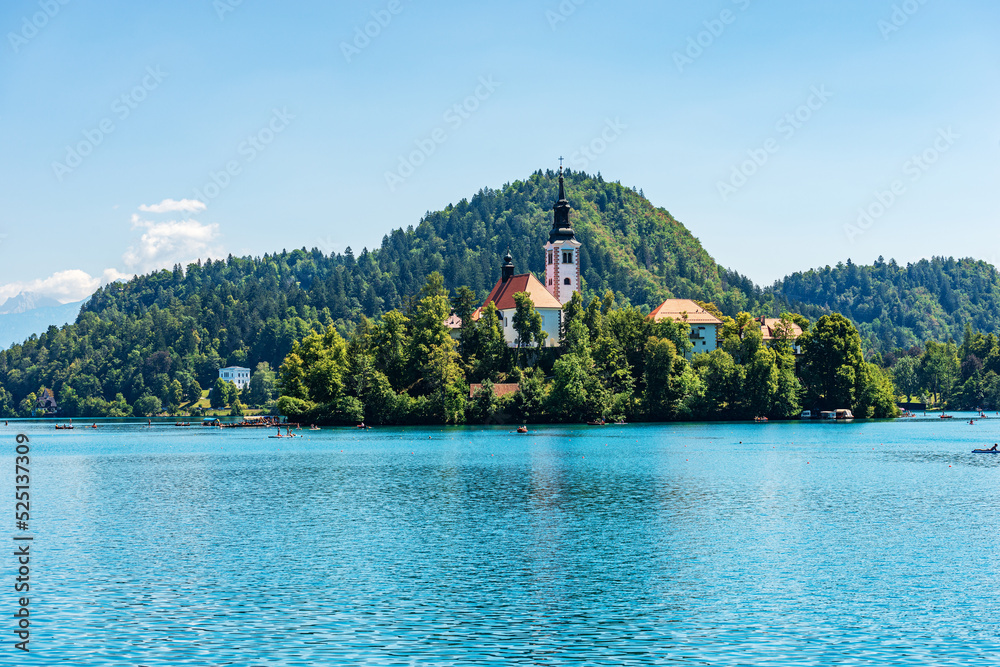 Lake Bled and Bled Island with the ancient Church of the Mother of God on the Lake (Cerkev Matere bozje na jezeru), XVII century. Bled town, Gorenjska, Triglav National Park, Alps, Slovenia, Europe.