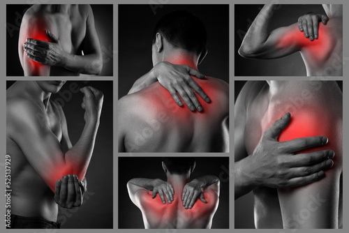 Pain in different man's body parts, neck, shoulder, elbow, chronic diseases of the male body, collage of several photos on black background