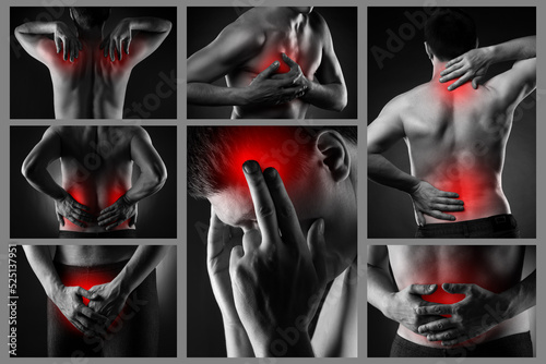 Pain in different man's body parts, neck, shoulder, heart, back, kidneys, head, prostate, abdomen, chronic diseases of the male body, collage of several photos on black background photo