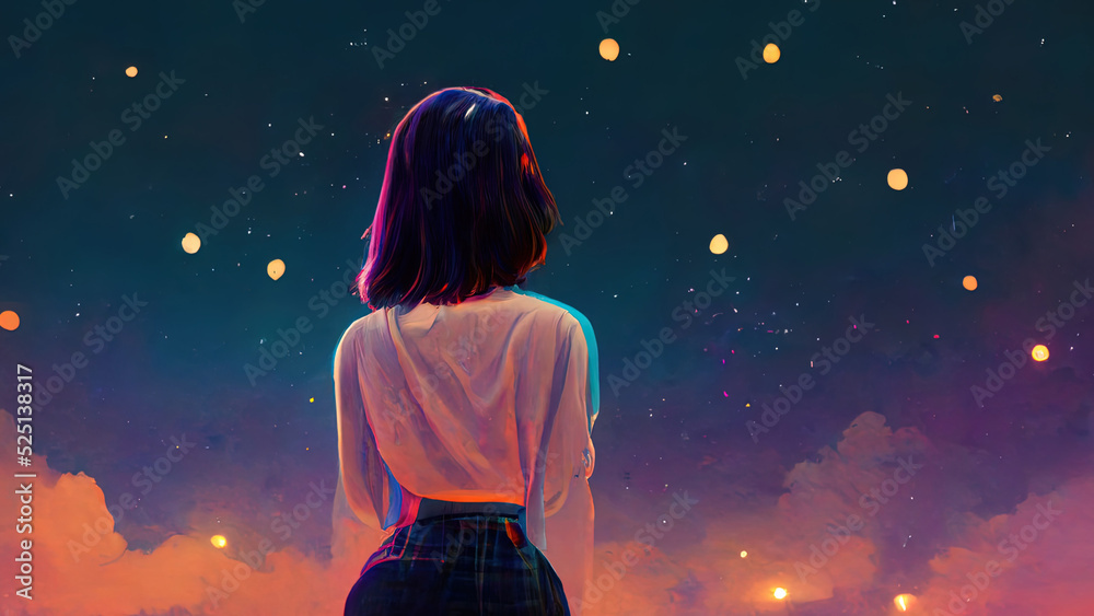 Anime girl stargazing. Cute girl looking at the night sky. Atmospheric,  moody feeling. Manga, lofi style. Sad beautiful background. 4K night. With  clouds and stars. Stock Illustration