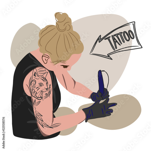 Tattoo artist, master in the process of work, tattoo machine, arm tattoo, flat sketch