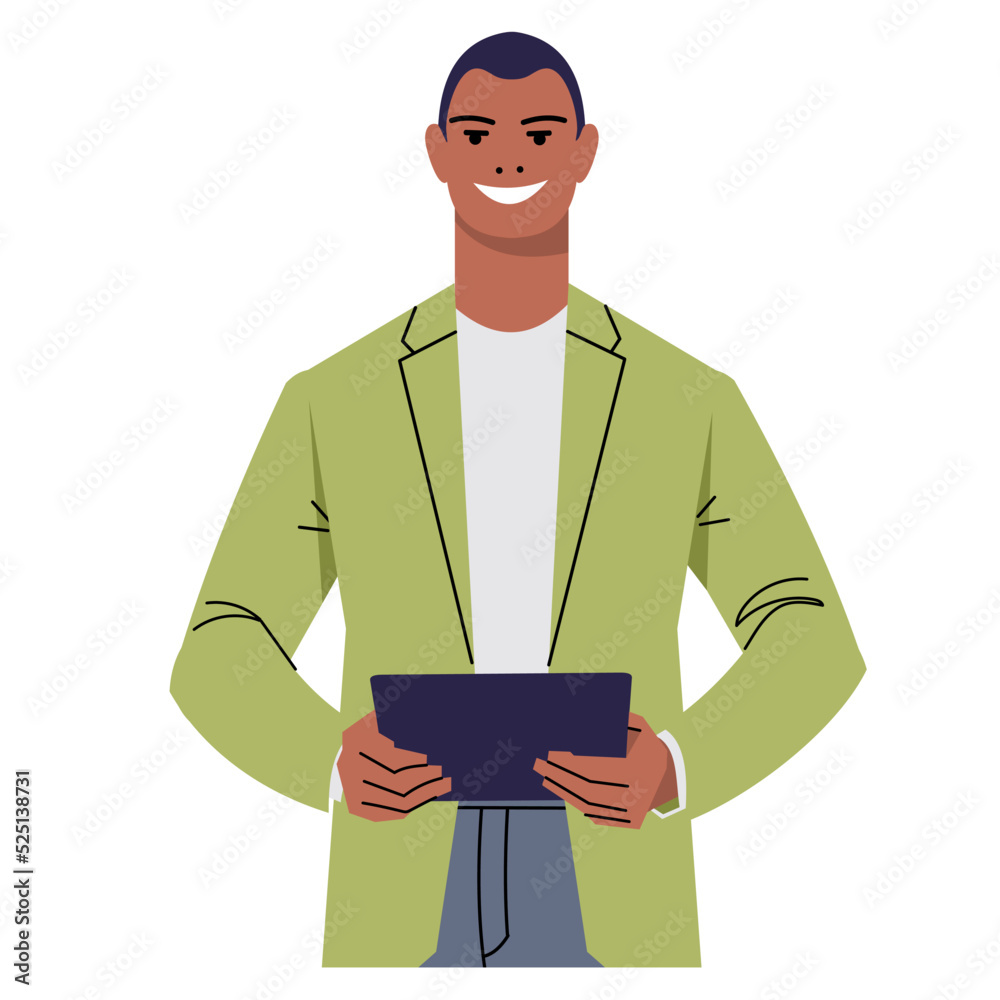 A black businessman holds a tablet computer in his hands. A bearded man in a suit uses a tablet, a lecturer. Vector illustration isolated on white background. Flat style. A black businessman holds a tablet computer in his hands. A bearded man in a suit uses a tablet, a lecturer. Vector illustration isolated on white background. Flat style.