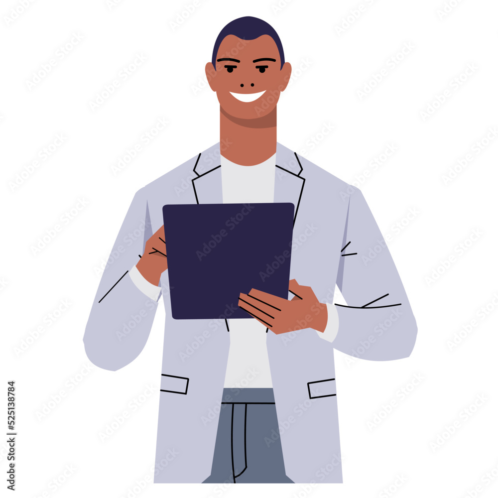 Black businessman uses a tablet. A smiling man in a suit is holding a device and touching the screen with his finger. Entering text, scrolling the page in the browser. Flat vector isolated on white. Black businessman uses a tablet. A smiling man in a suit is holding a device and touching the screen with his finger. Entering text, scrolling the page in the browser. Flat vector isolated on white.