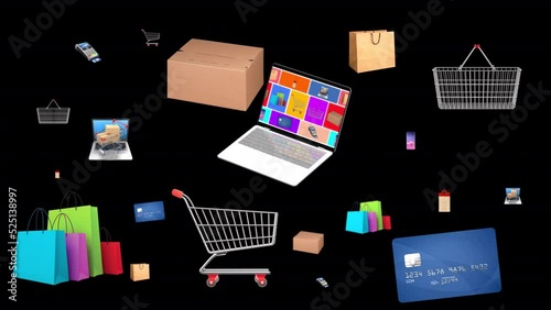 Moving animation of e-commerce products. Transparent background and loop video. Use for e-commerce, shopping and digital ads campaings.