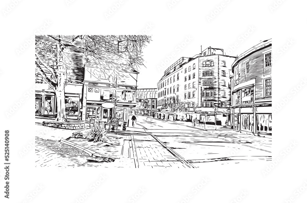 Building view with landmark of Norwich is a city in England. Hand drawn sketch illustration in vector