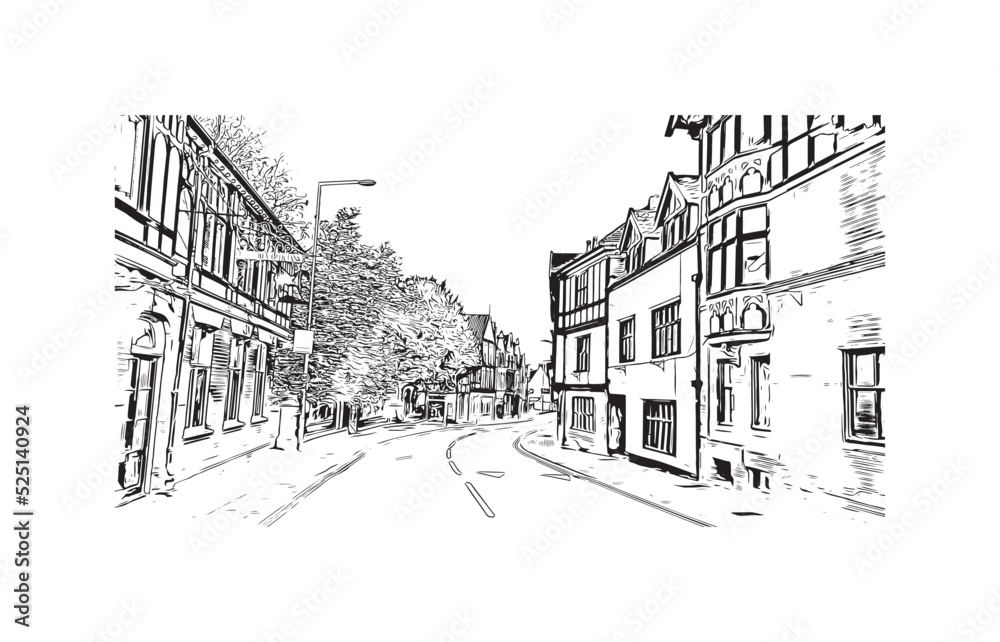 Building view with landmark of Norwich is a city in England. Hand drawn sketch illustration in vector